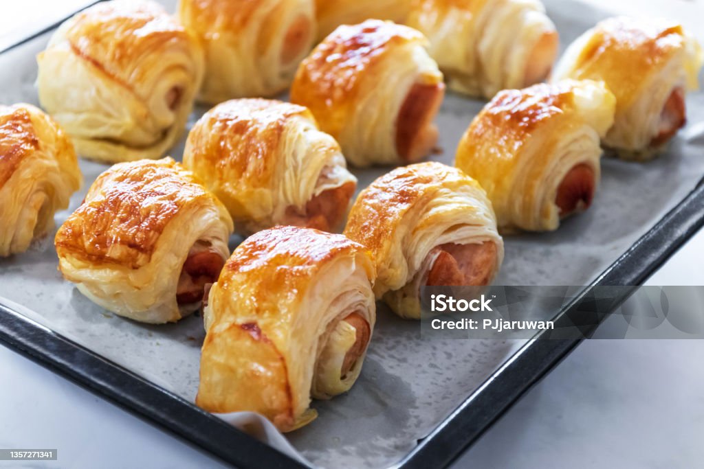 Homemade mini sausage puff pastry just out of the oven.
